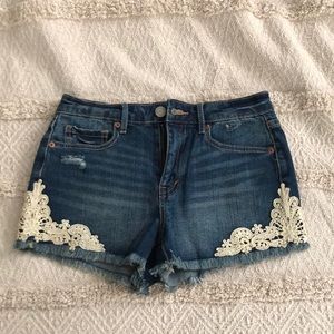 Cottagecore crochet high rise shortie denim shorts